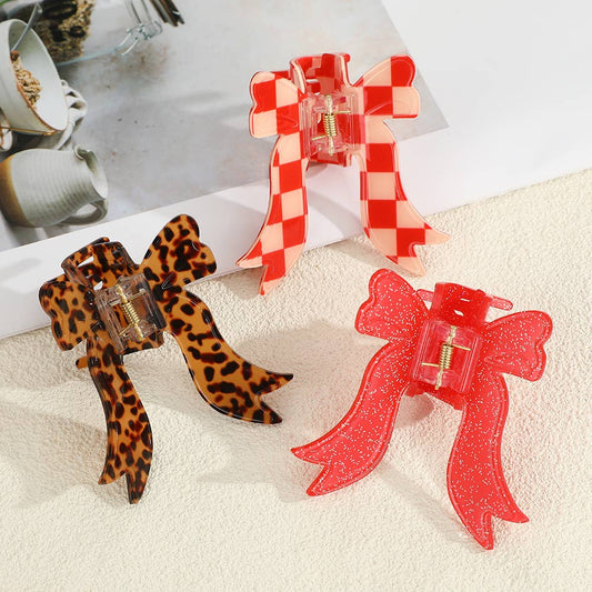 Stylish Checkered/Leopard/Glittery Bow-Shaped Hair Claw